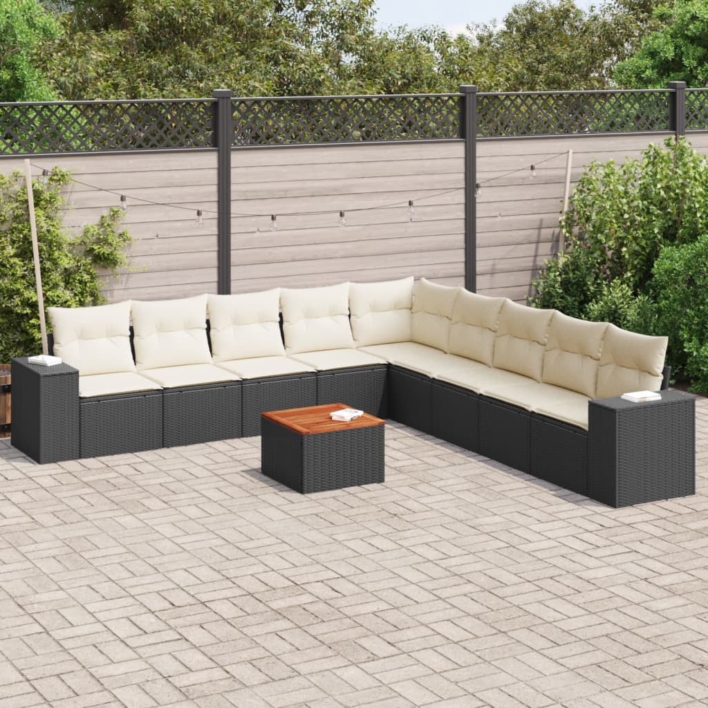 10-tlg. Garten-Sofagarnitur mit Kissen Schwarz Poly Rattan