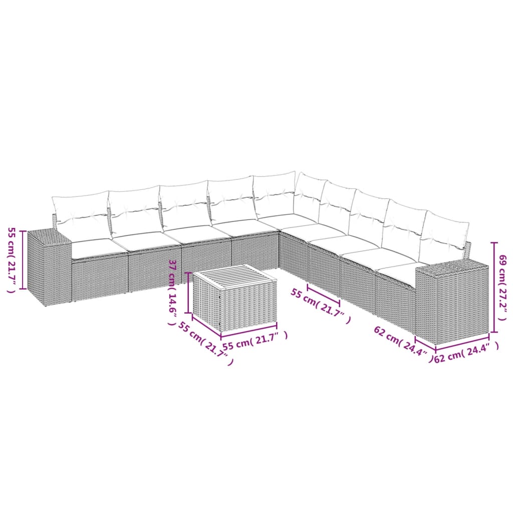 10-tlg. Garten-Sofagarnitur mit Kissen Grau Poly Rattan