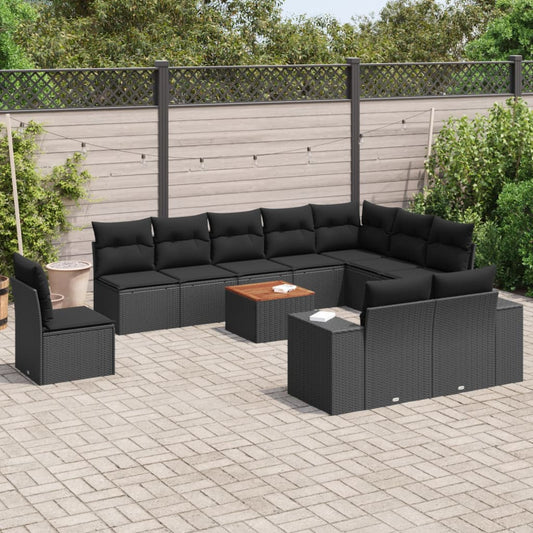 11-tlg. Garten-Sofagarnitur mit Kissen Schwarz Poly Rattan