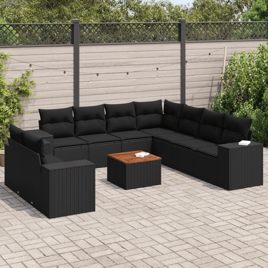 10-tlg. Garten-Sofagarnitur mit Kissen Schwarz Poly Rattan