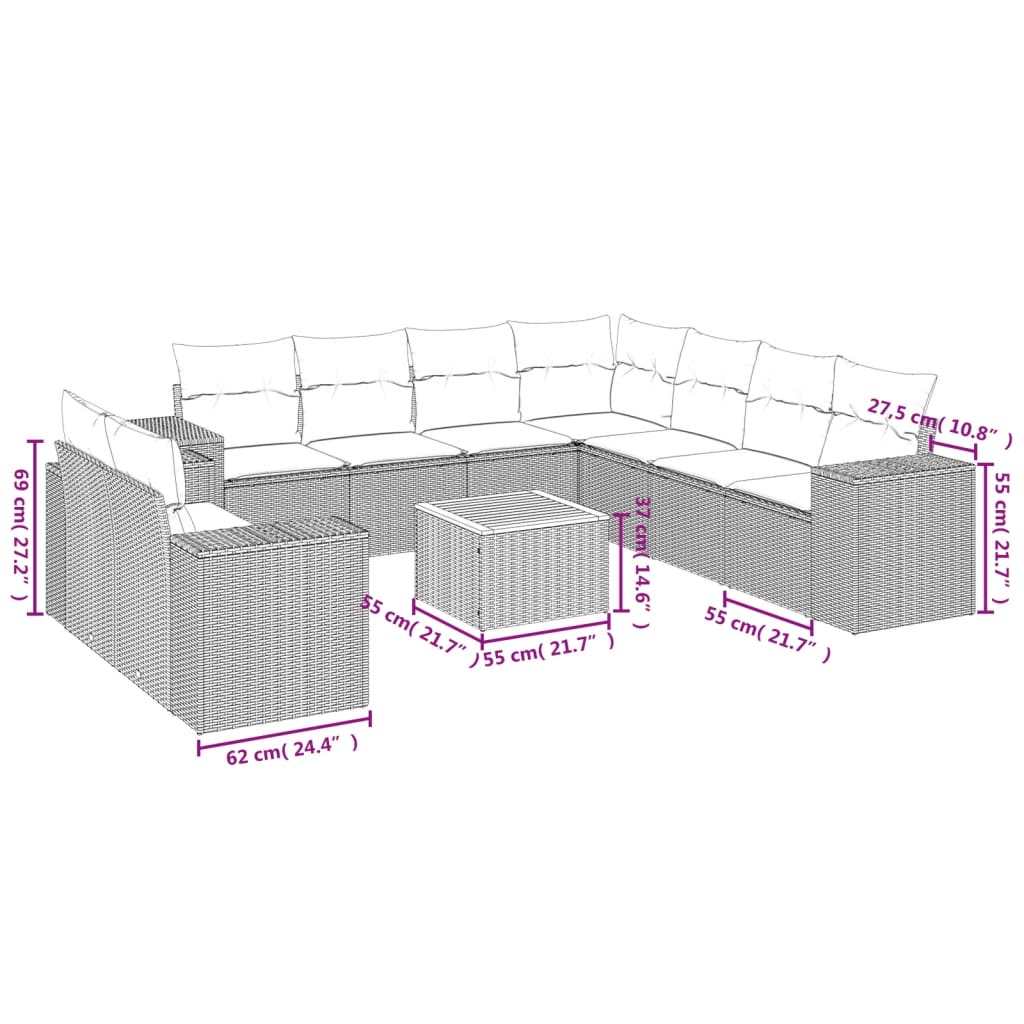 10-tlg. Garten-Sofagarnitur mit Kissen Grau Poly Rattan