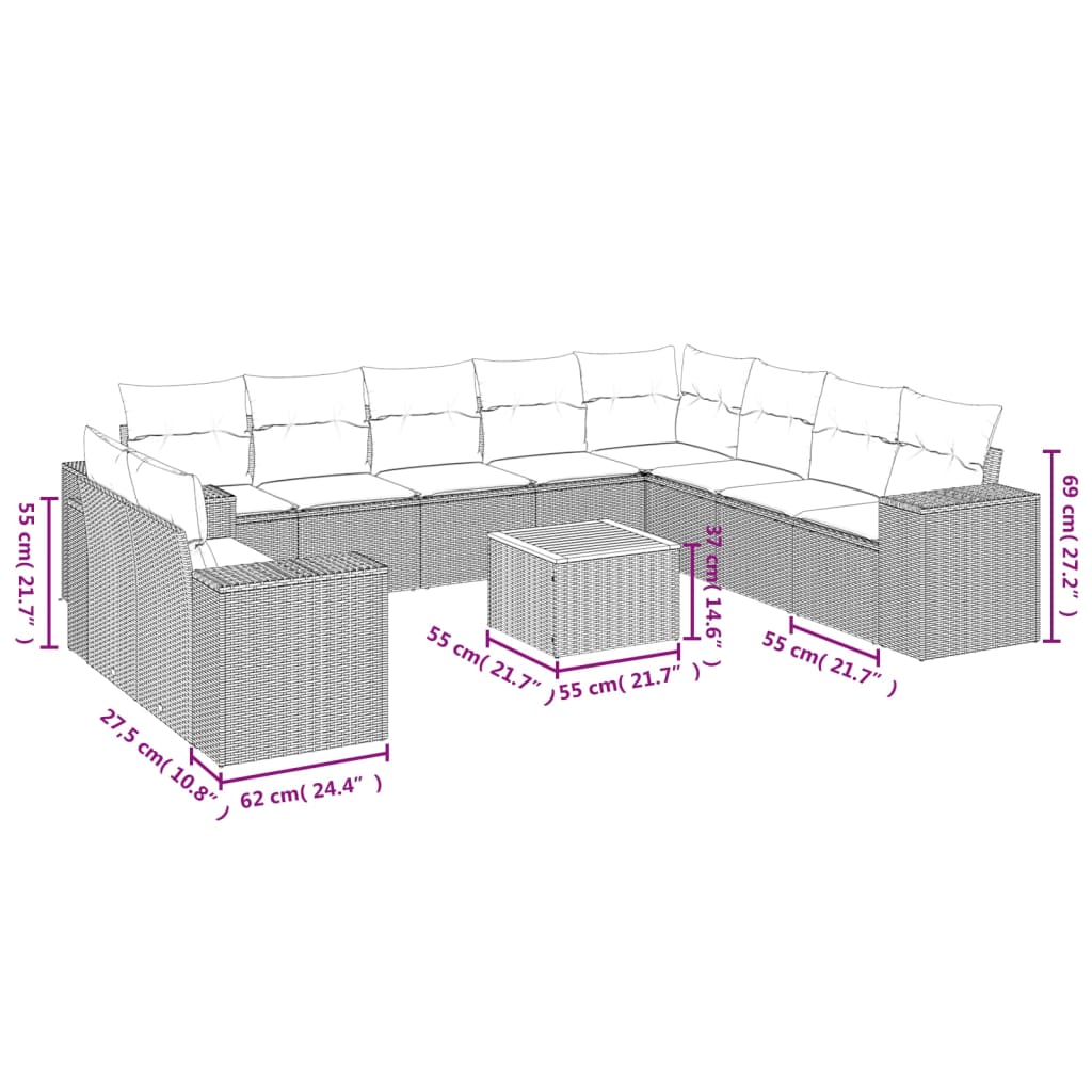 11-tlg. Garten-Sofagarnitur mit Kissen Grau Poly Rattan