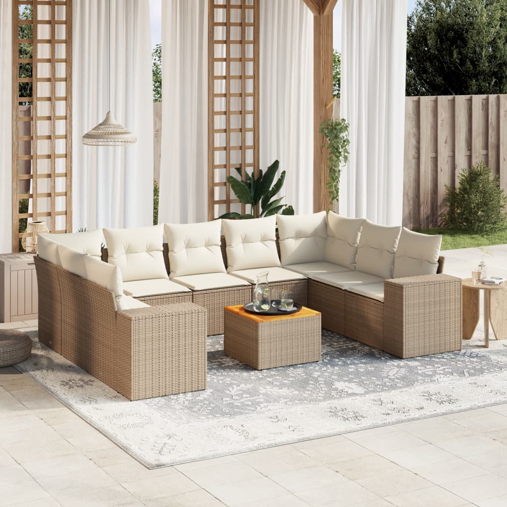 10-tlg. Garten-Sofagarnitur mit Kissen Beige Poly Rattan