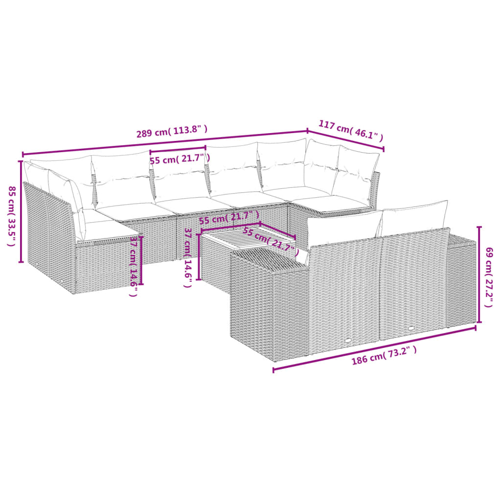 10-tlg. Garten-Sofagarnitur mit Kissen Schwarz Poly Rattan