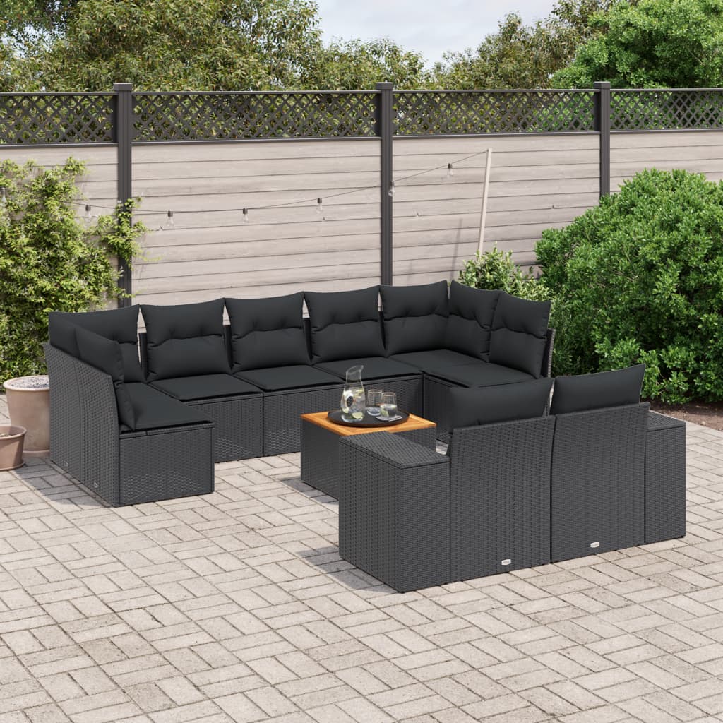 10-tlg. Garten-Sofagarnitur mit Kissen Schwarz Poly Rattan