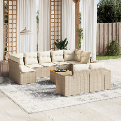 10-tlg. Garten-Sofagarnitur mit Kissen Beige Poly Rattan