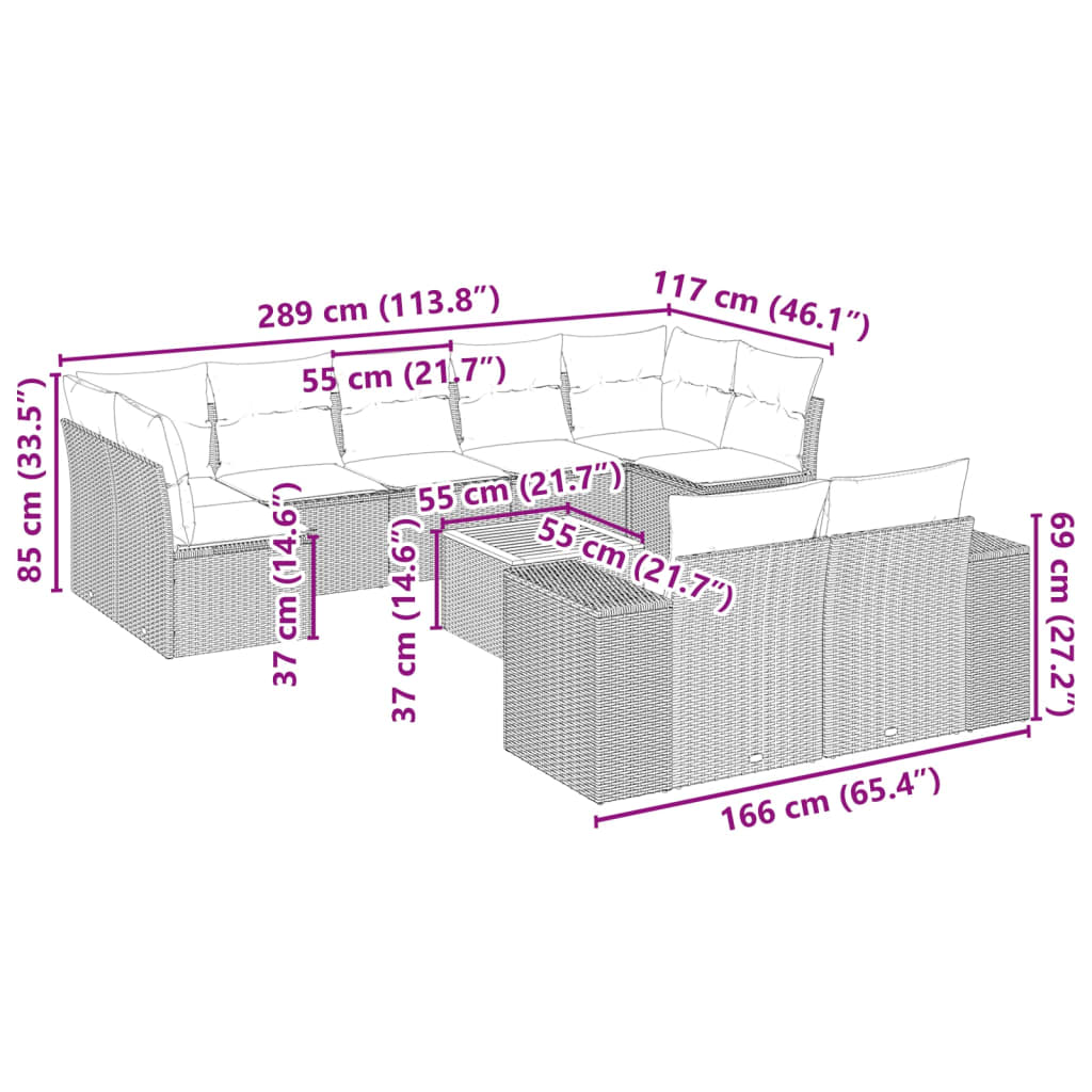 10-tlg. Garten-Sofagarnitur mit Kissen Beige Poly Rattan