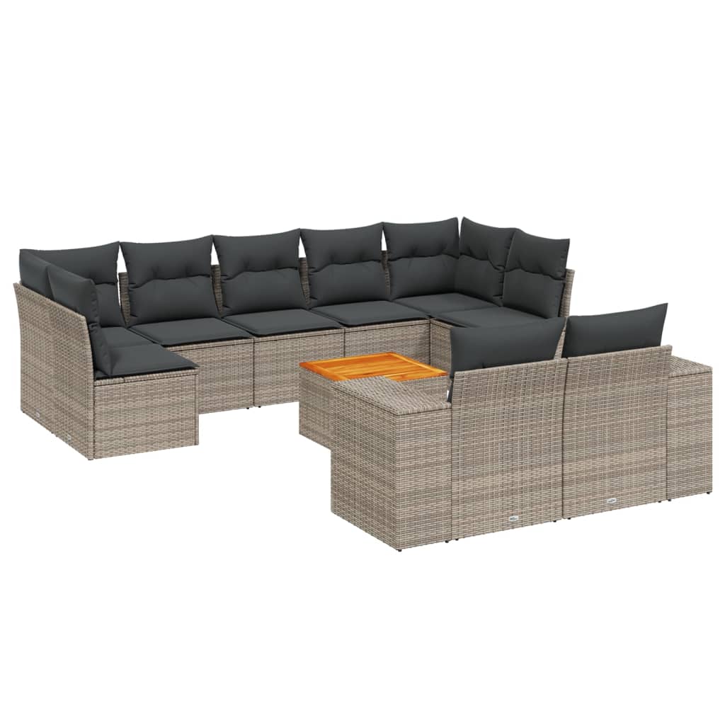 10-tlg. Garten-Sofagarnitur mit Kissen Grau Poly Rattan