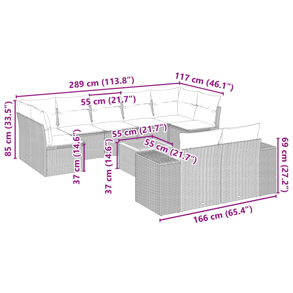 10-tlg. Garten-Sofagarnitur mit Kissen Grau Poly Rattan