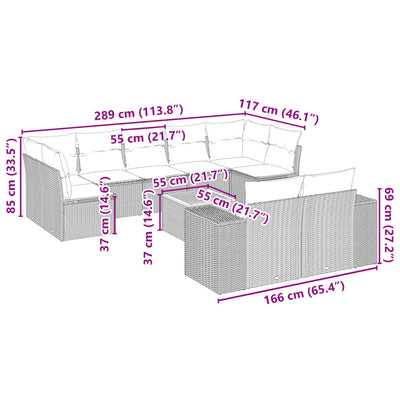 10-tlg. Garten-Sofagarnitur mit Kissen Grau Poly Rattan