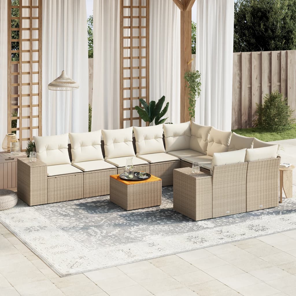 10-tlg. Garten-Sofagarnitur mit Kissen Beige Poly Rattan