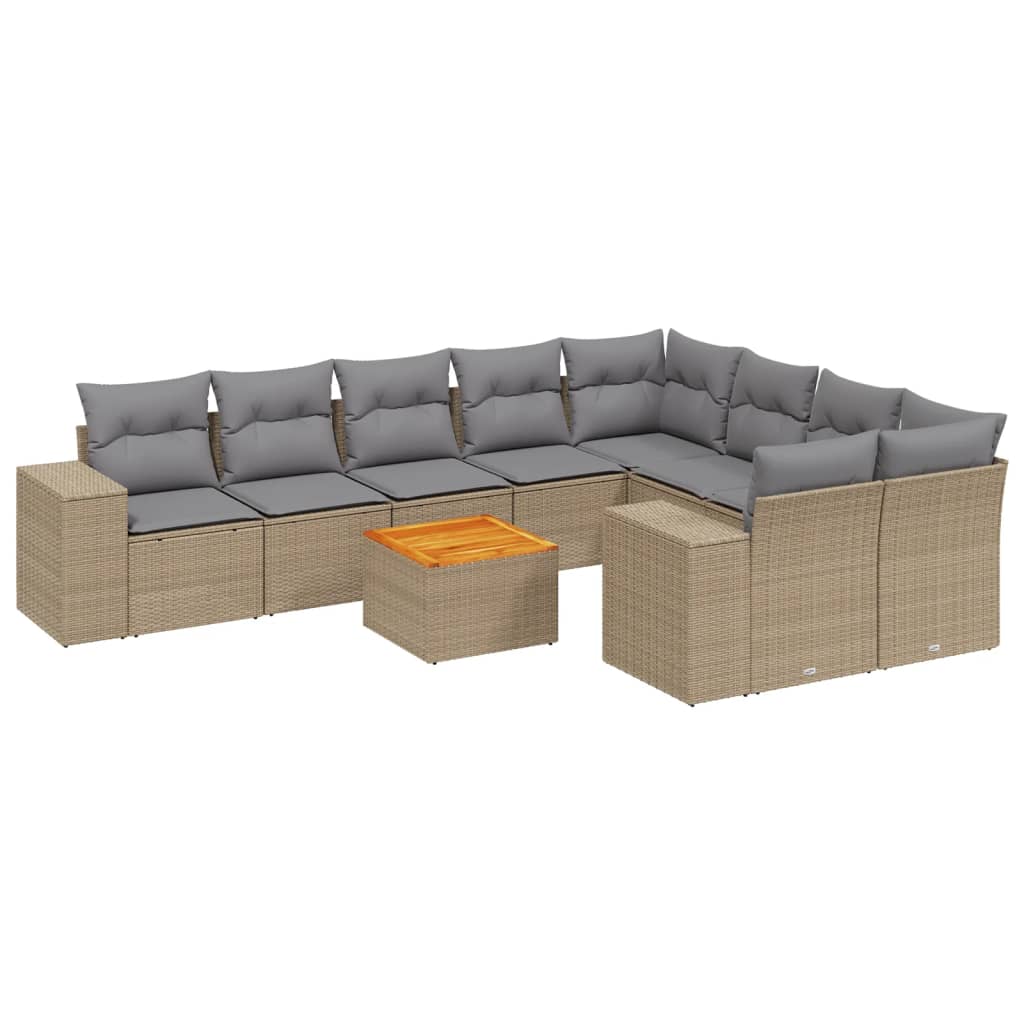 10-tlg. Garten-Sofagarnitur mit Kissen Beige Poly Rattan