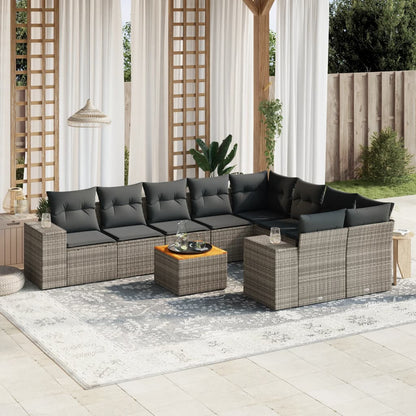 10-tlg. Garten-Sofagarnitur mit Kissen Grau Poly Rattan