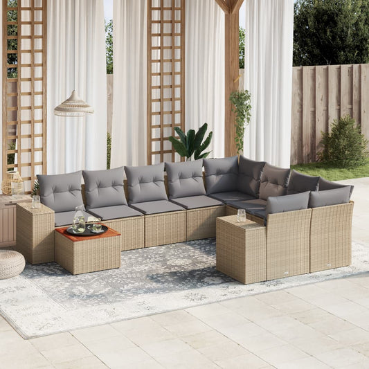 10-tlg. Garten-Sofagarnitur mit Kissen Beige Poly Rattan