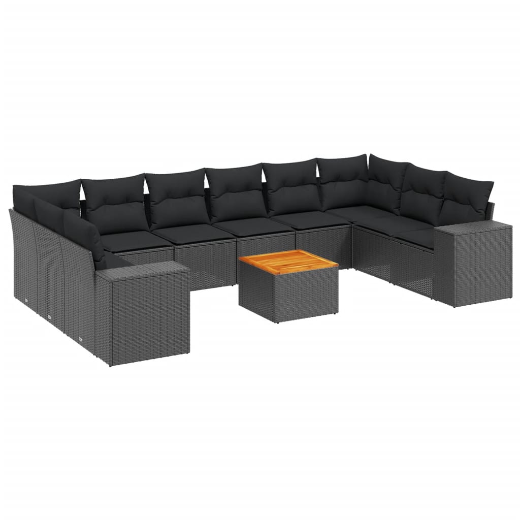 11-tlg. Garten-Sofagarnitur mit Kissen Schwarz Poly Rattan