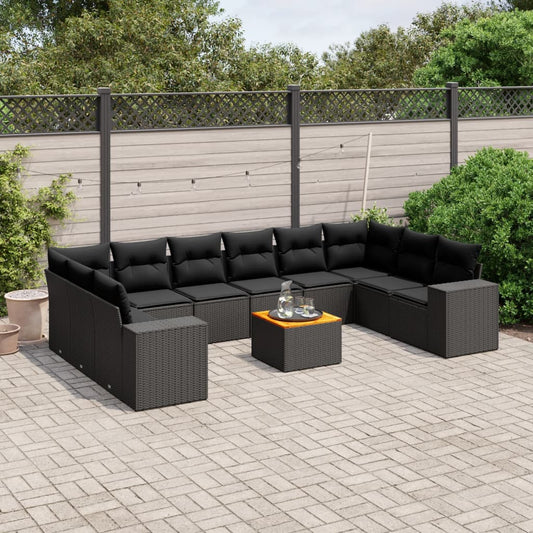 11-tlg. Garten-Sofagarnitur mit Kissen Schwarz Poly Rattan