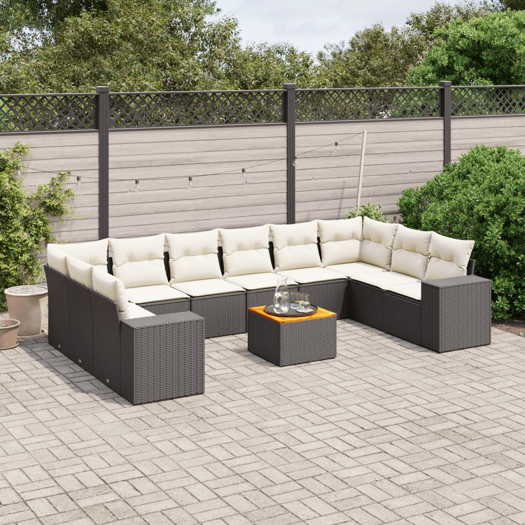 11-tlg. Garten-Sofagarnitur mit Kissen Schwarz Poly Rattan