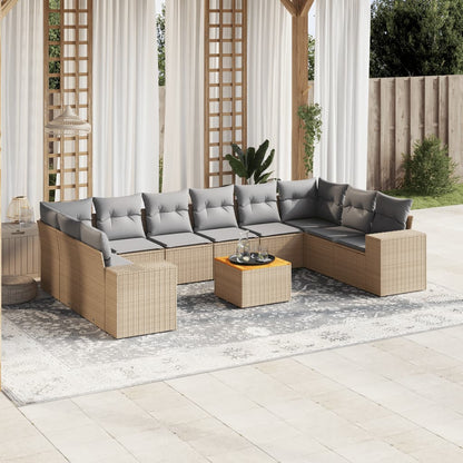 11-tlg. Garten-Sofagarnitur mit Kissen Beige Poly Rattan