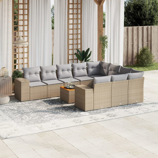 11-tlg. Garten-Sofagarnitur mit Kissen Beige Poly Rattan