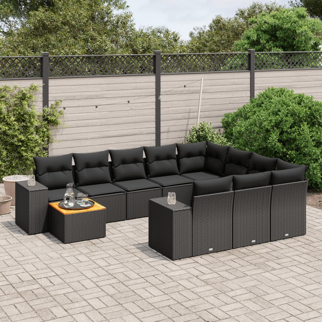 11-tlg. Garten-Sofagarnitur mit Kissen Schwarz Poly Rattan