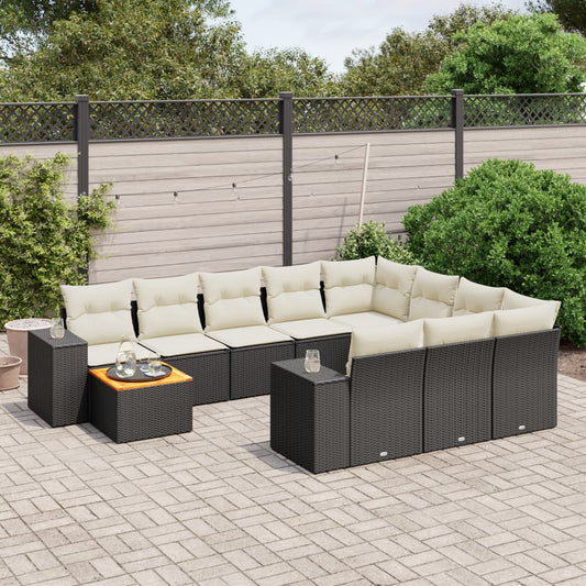 11-tlg. Garten-Sofagarnitur mit Kissen Schwarz Poly Rattan