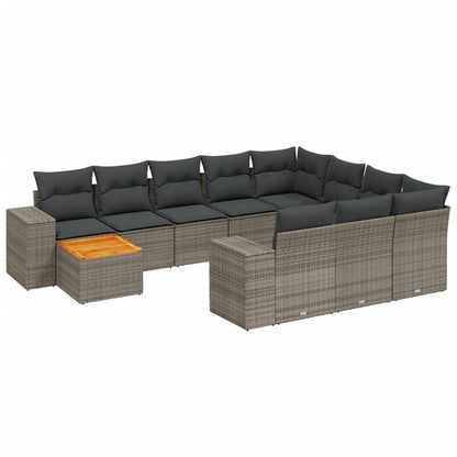 11-tlg. Garten-Sofagarnitur mit Kissen Grau Poly Rattan