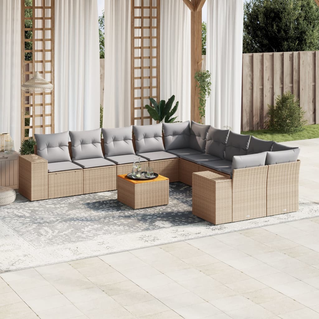 11-tlg. Garten-Sofagarnitur mit Kissen Beige Poly Rattan