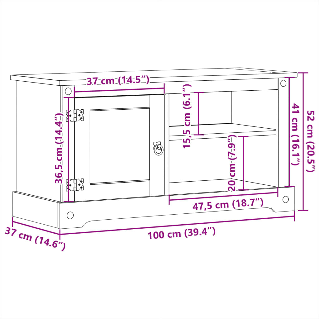 TV-Schrank Corona 100x40x52 cm Massivholz Kiefer