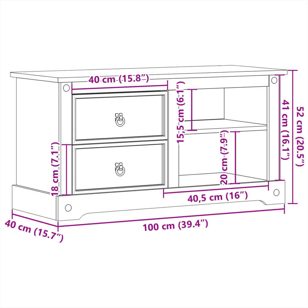 TV-Schrank Corona 100x40x52 cm Massivholz Kiefer