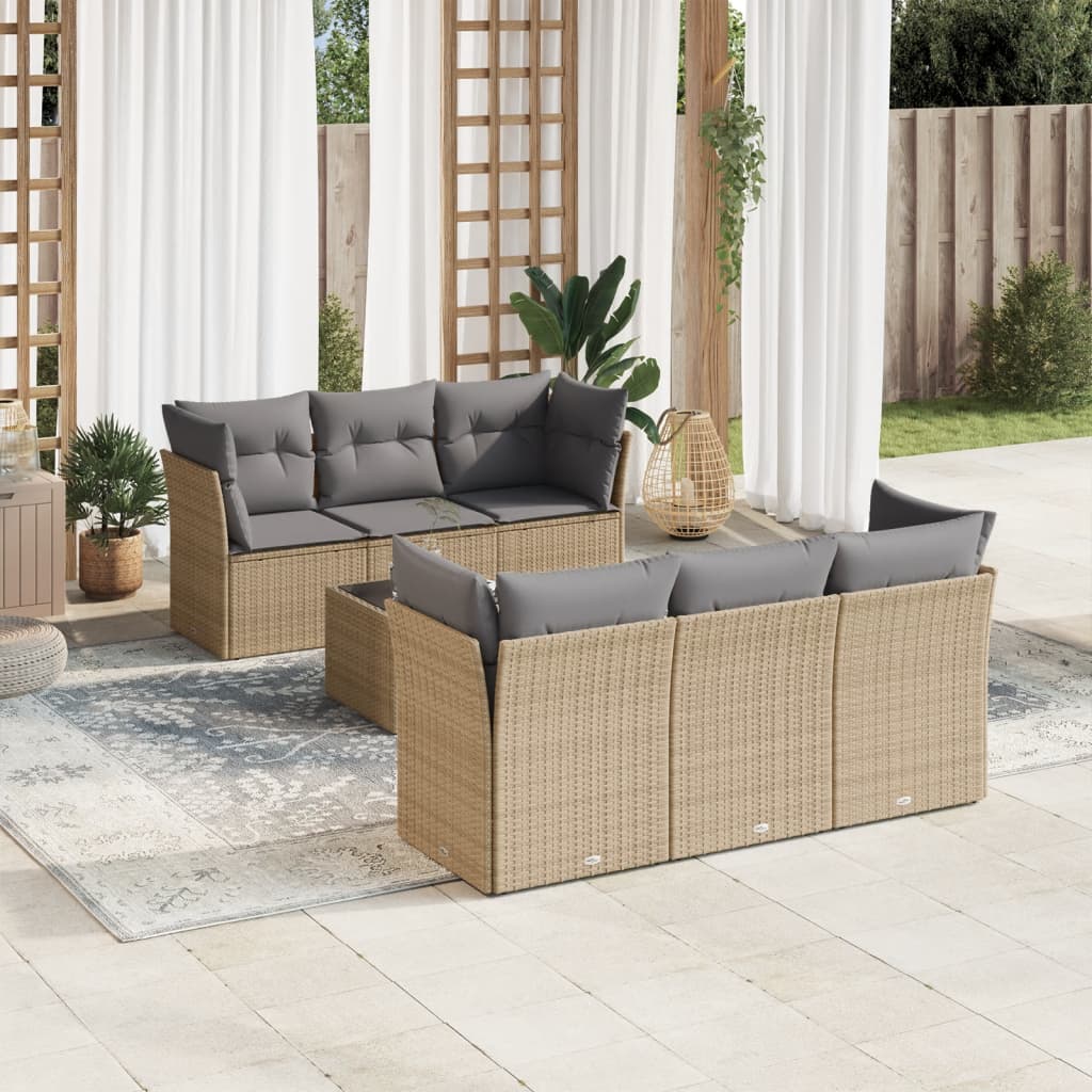 7-tlg. Garten-Sofagarnitur mit Kissen Beige Poly Rattan