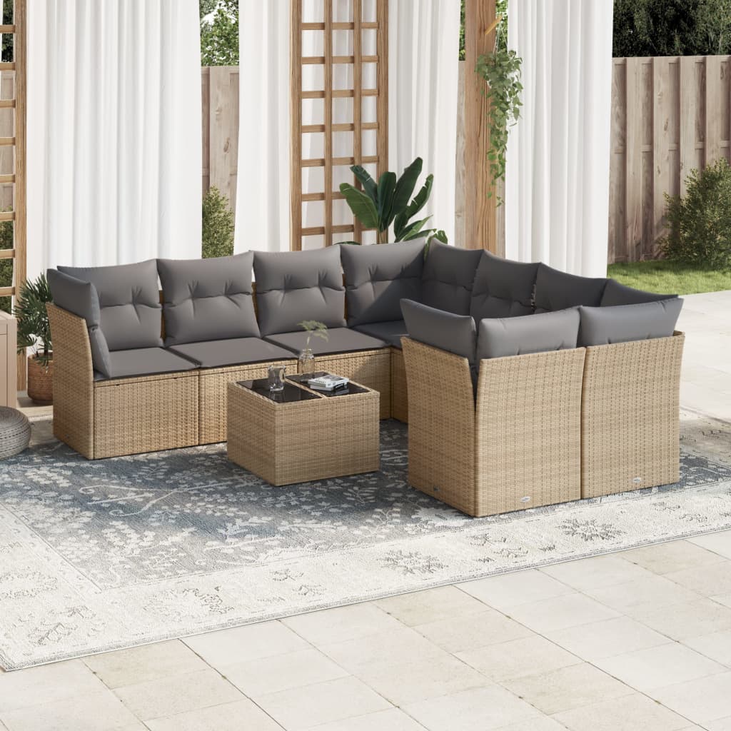 9-tlg. Garten-Sofagarnitur mit Kissen Beige Poly Rattan