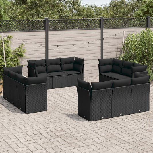 12-tlg. Garten-Sofagarnitur mit Kissen Schwarz Poly Rattan