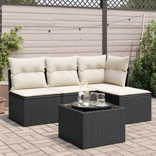 5-tlg. Garten-Sofagarnitur mit Kissen Schwarz Poly Rattan