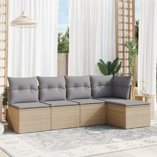 5-tlg. Garten-Sofagarnitur mit Kissen Beige Poly Rattan