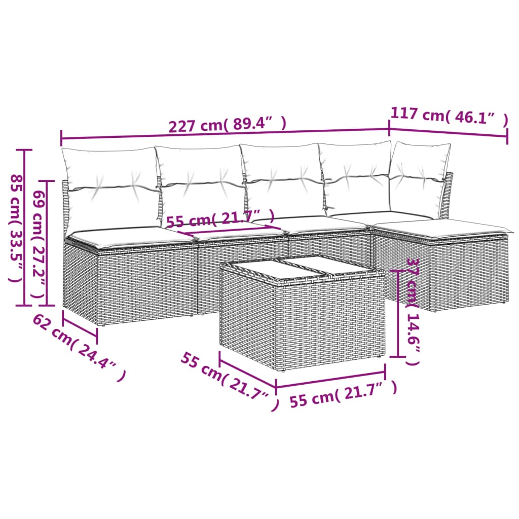 6-tlg. Garten-Sofagarnitur mit Kissen Beige Poly Rattan