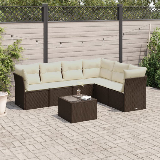 7-tlg. Garten-Sofagarnitur mit Kissen Braun Poly Rattan