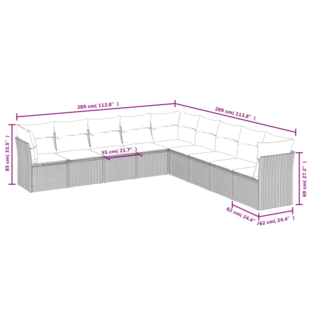 9-tlg. Garten-Sofagarnitur mit Kissen Braun Poly Rattan