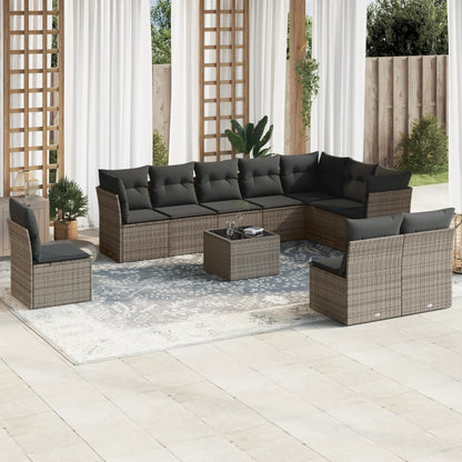 11-tlg. Garten-Sofagarnitur mit Kissen Grau Poly Rattan