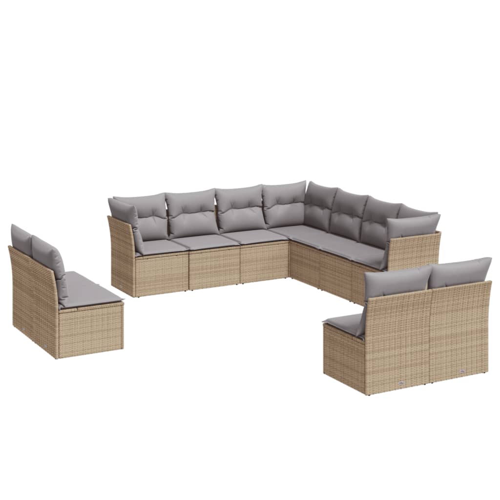 11-tlg. Garten-Sofagarnitur mit Kissen Beige Poly Rattan