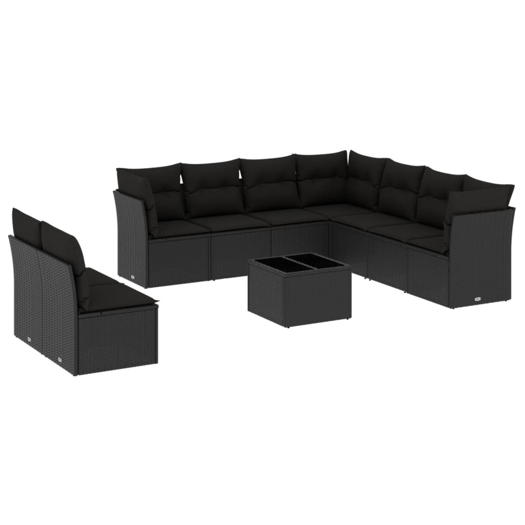 10-tlg. Garten-Sofagarnitur mit Kissen Schwarz Poly Rattan