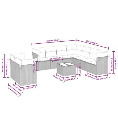 10-tlg. Garten-Sofagarnitur mit Kissen Schwarz Poly Rattan