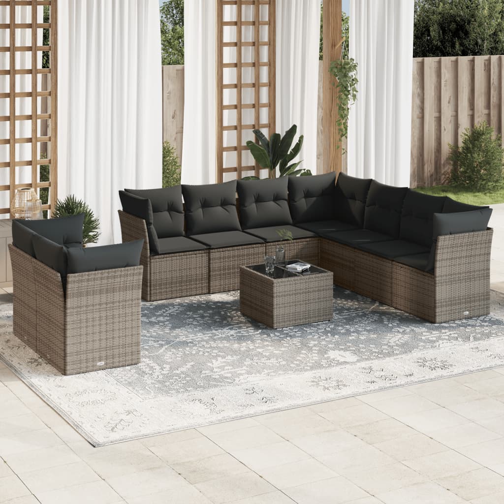 10-tlg. Garten-Sofagarnitur mit Kissen Grau Poly Rattan