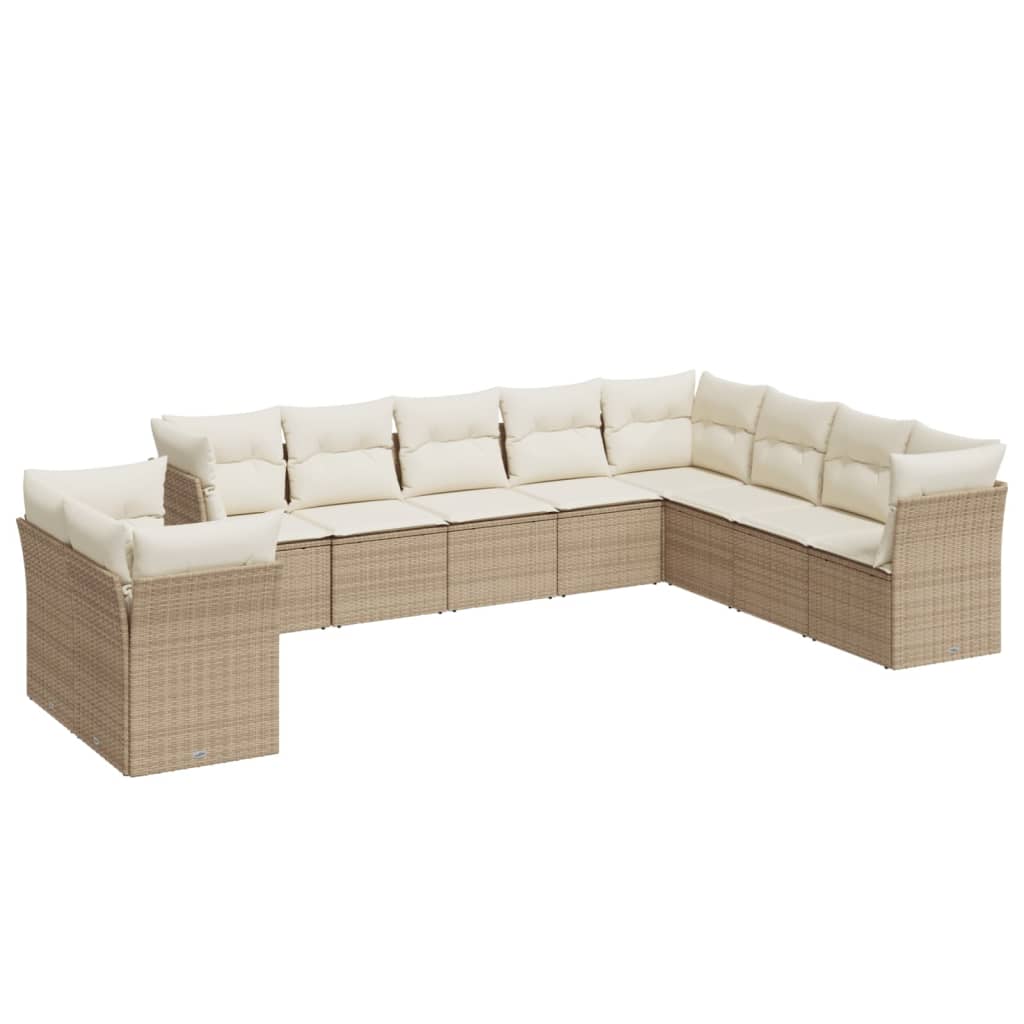 10-tlg. Garten-Sofagarnitur mit Kissen Beige Poly Rattan