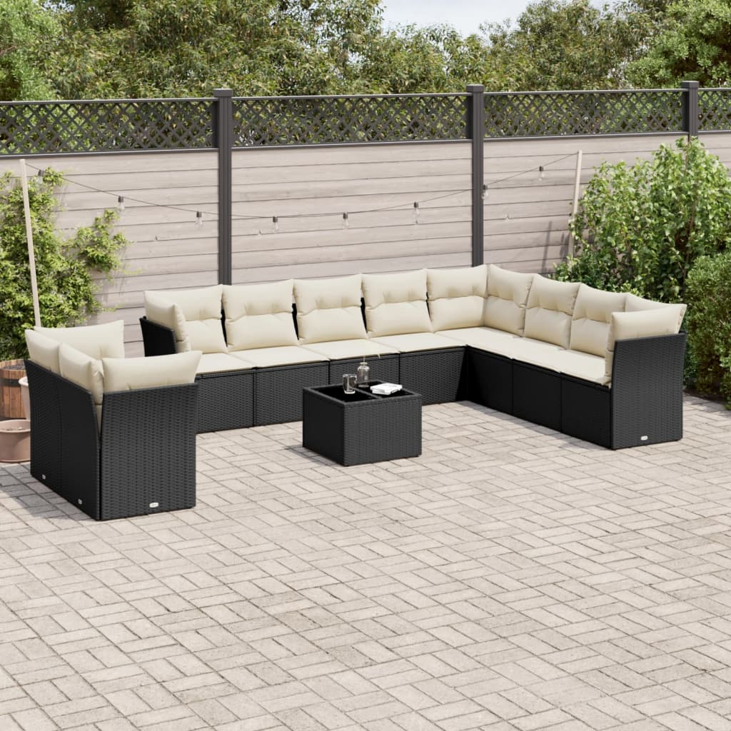 11-tlg. Garten-Sofagarnitur mit Kissen Schwarz Poly Rattan