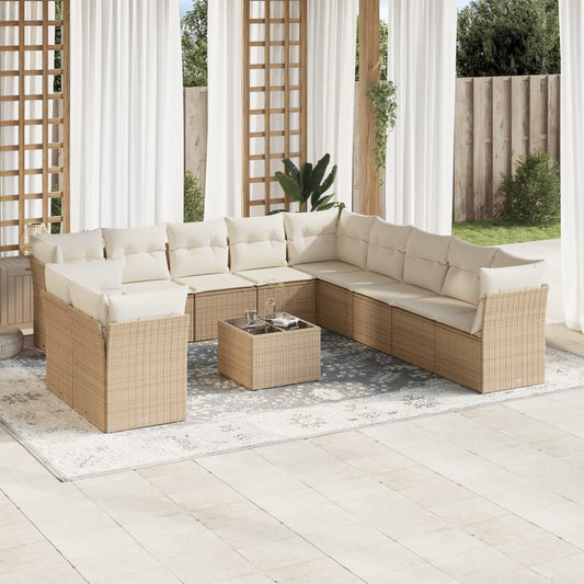 12-tlg. Garten-Sofagarnitur mit Kissen Beige Poly Rattan