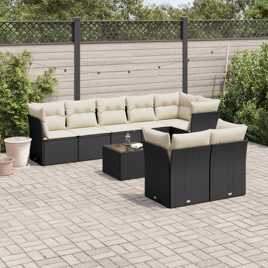 9-tlg. Garten-Sofagarnitur mit Kissen Schwarz Poly Rattan