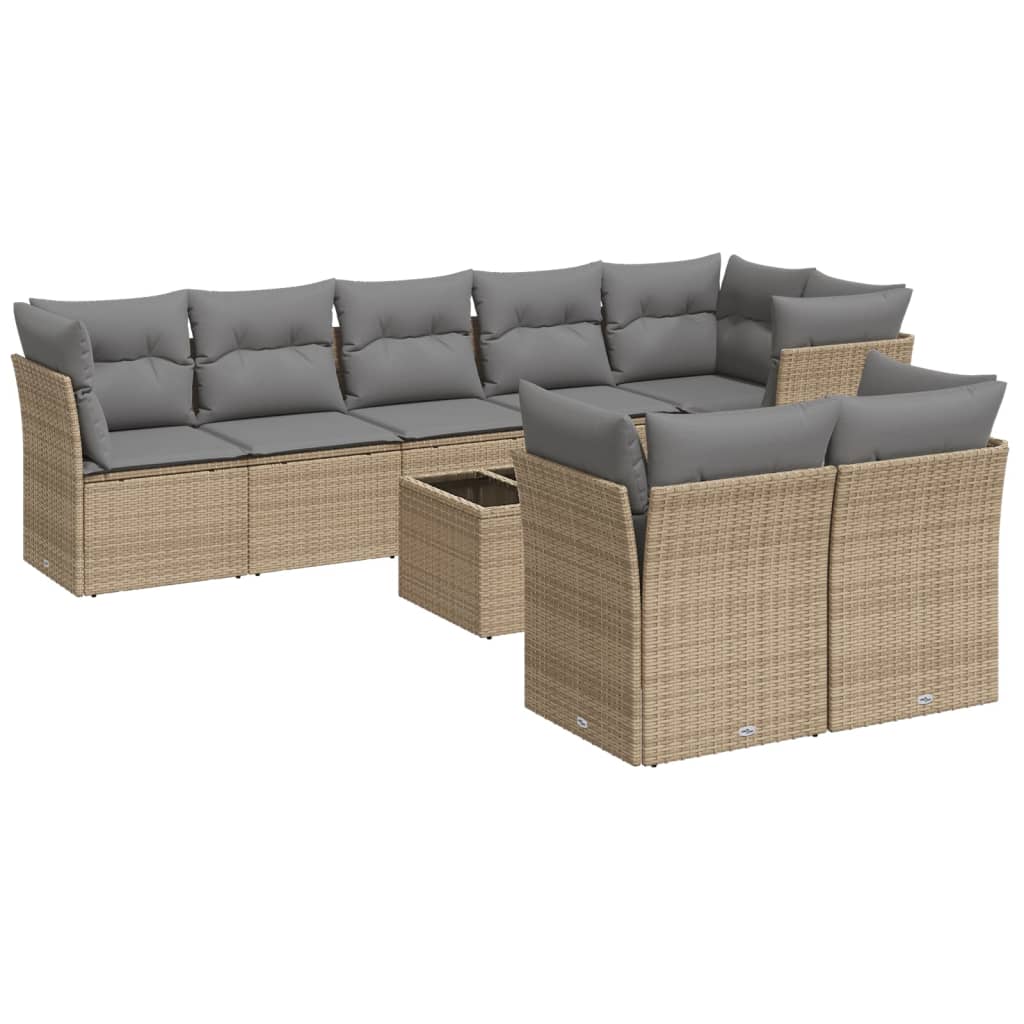 9-tlg. Garten-Sofagarnitur mit Kissen Beige Poly Rattan