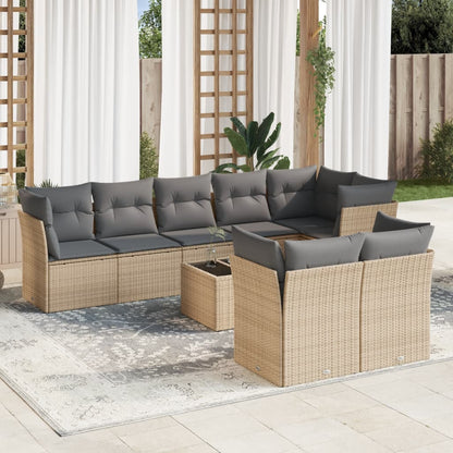 9-tlg. Garten-Sofagarnitur mit Kissen Beige Poly Rattan