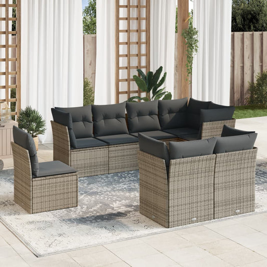 8-tlg. Garten-Sofagarnitur mit Kissen Grau Poly Rattan