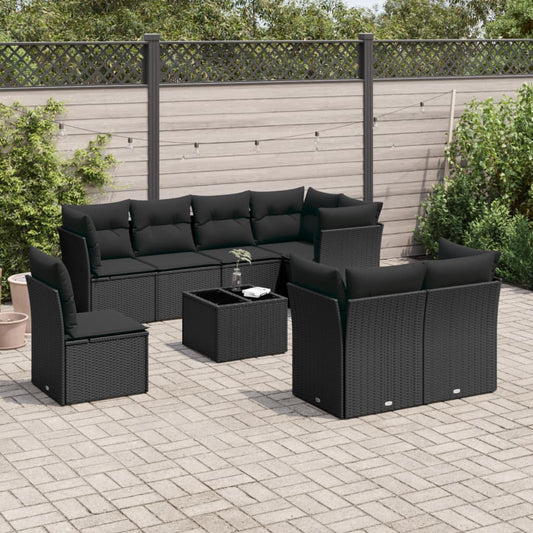 9-tlg. Garten-Sofagarnitur mit Kissen Schwarz Poly Rattan